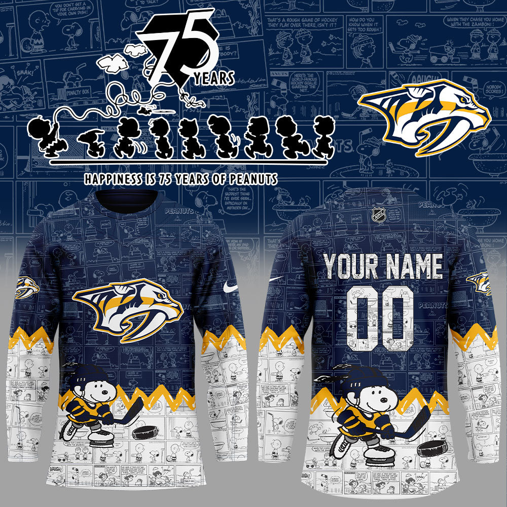 Nashville Predators 75Th Anniversary Of Peanuts Custom Name, Number For Fans Jersey