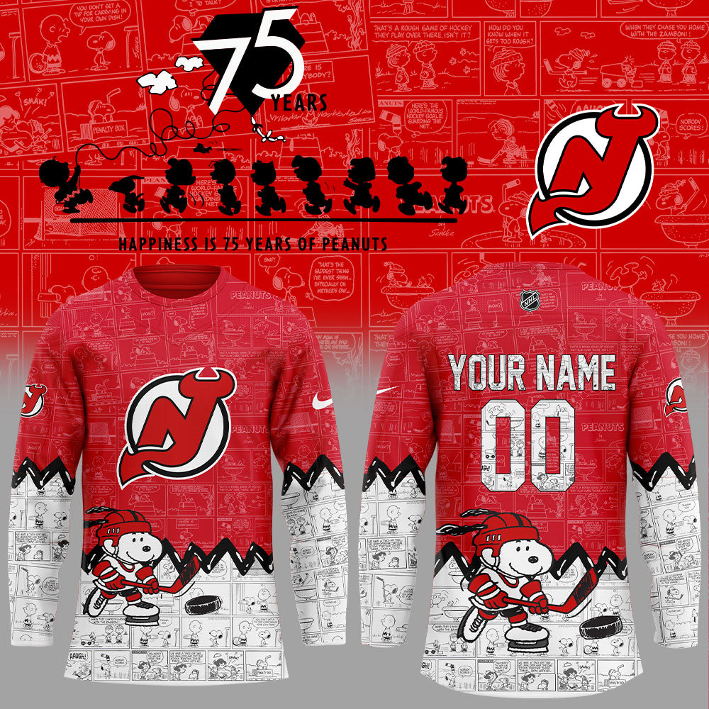New Jersey Devils 75Th Anniversary Of Peanuts Custom Name, Number For Fans Jersey
